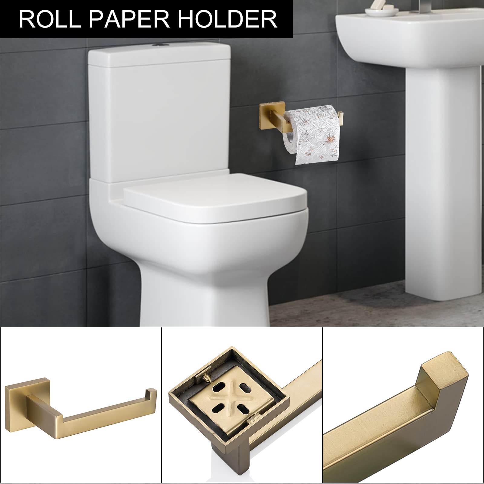 Tnoms Brushed Gold Towel Bar Set Bathroom Hardware Set, 5 Pieces Gold Bathroom Accessories Set Stainless Steel Wall Mounted Towe